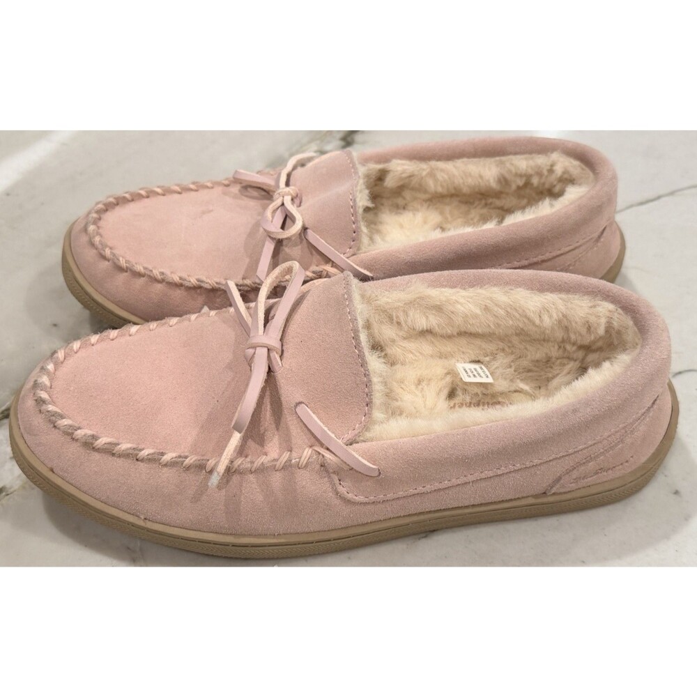 My Slippers My Pillow Sz 8 Womens Moccasin Slipper Suede Bow Faux Fur Pale Pink